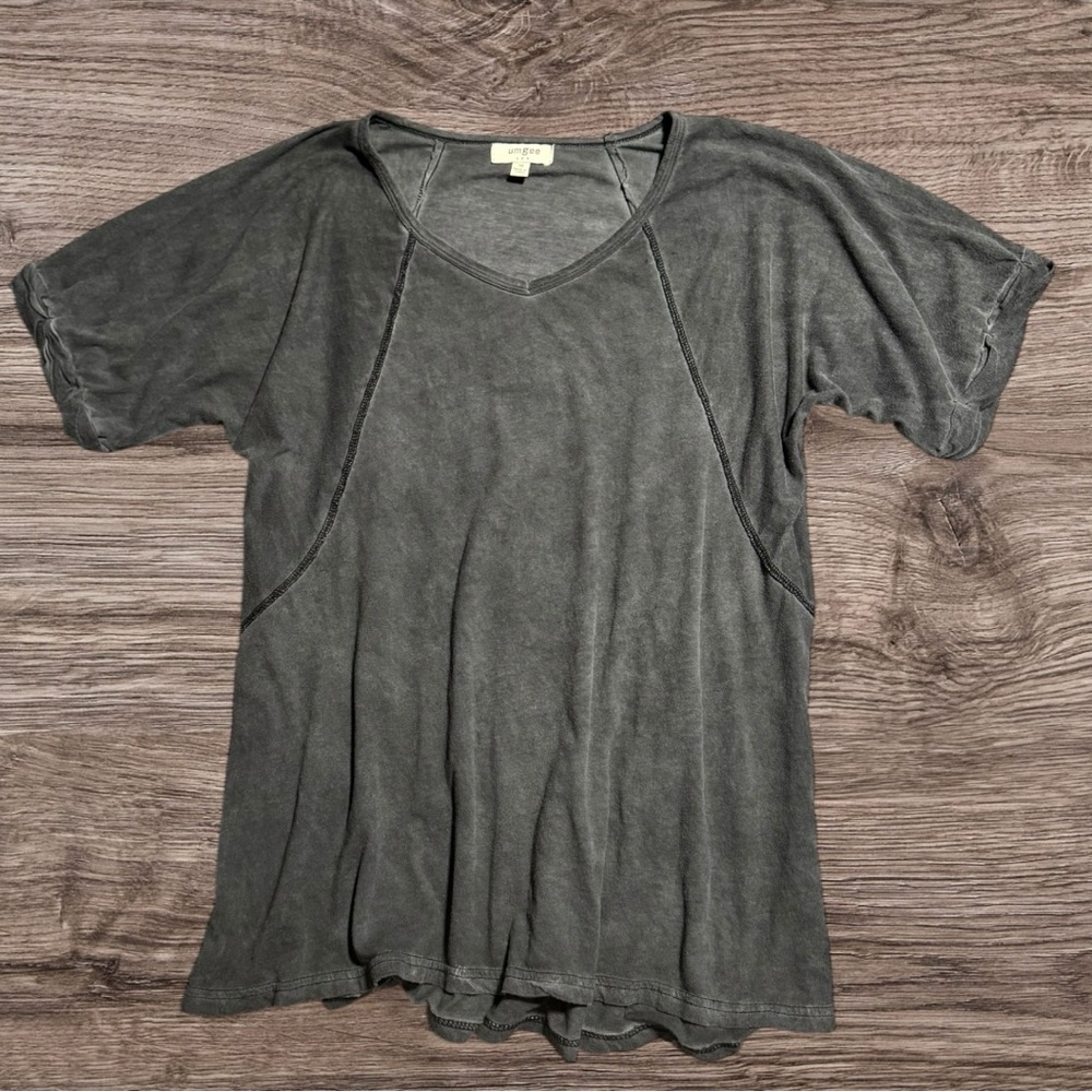 Umgee Mineral Wash V-Neck Tunic Top - Charcoal Gray Oversized Boho Tee